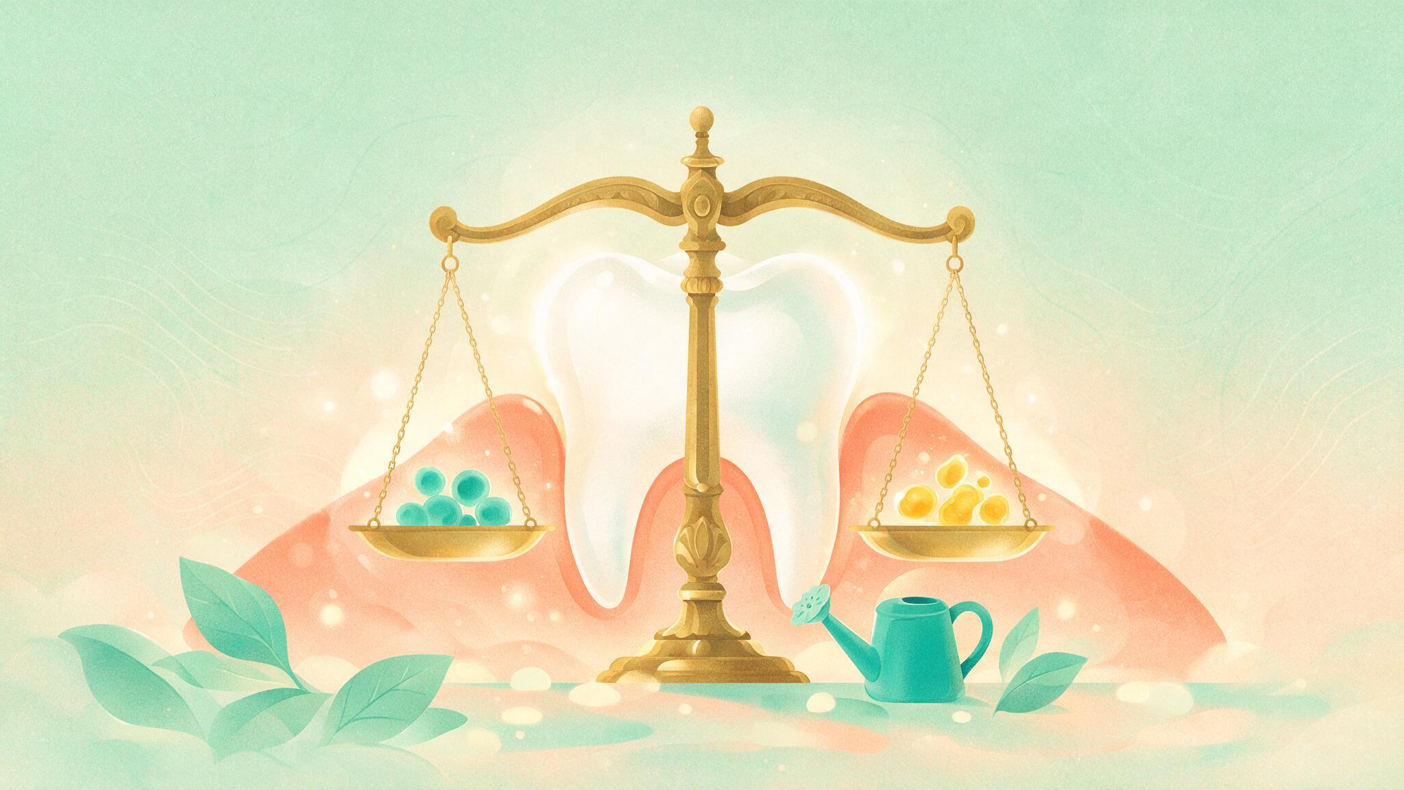 細菌と免疫細胞が天秤の上で釣り合っている様子を描いたイラスト