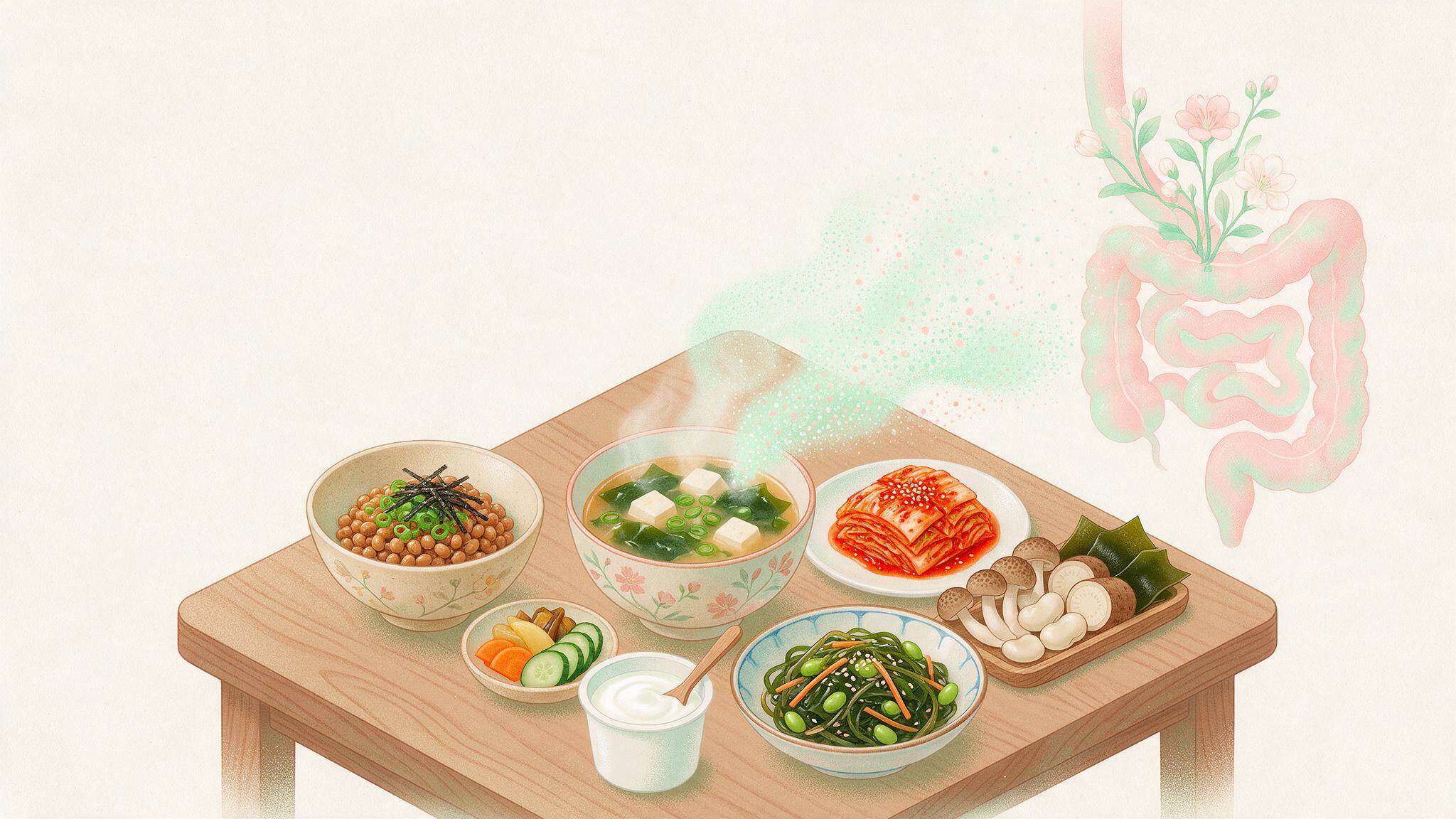 納豆、味噌汁、漬物、ヨーグルト、キムチ、海藻、きのこが並ぶ食卓と、花が咲く腸のイラスト