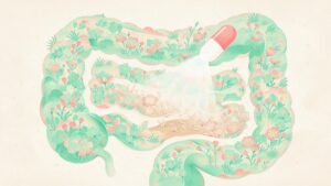 腸の中の花畑に抗生剤のカプセルが除草剤のように降りかかり、花が枯れていくイラスト