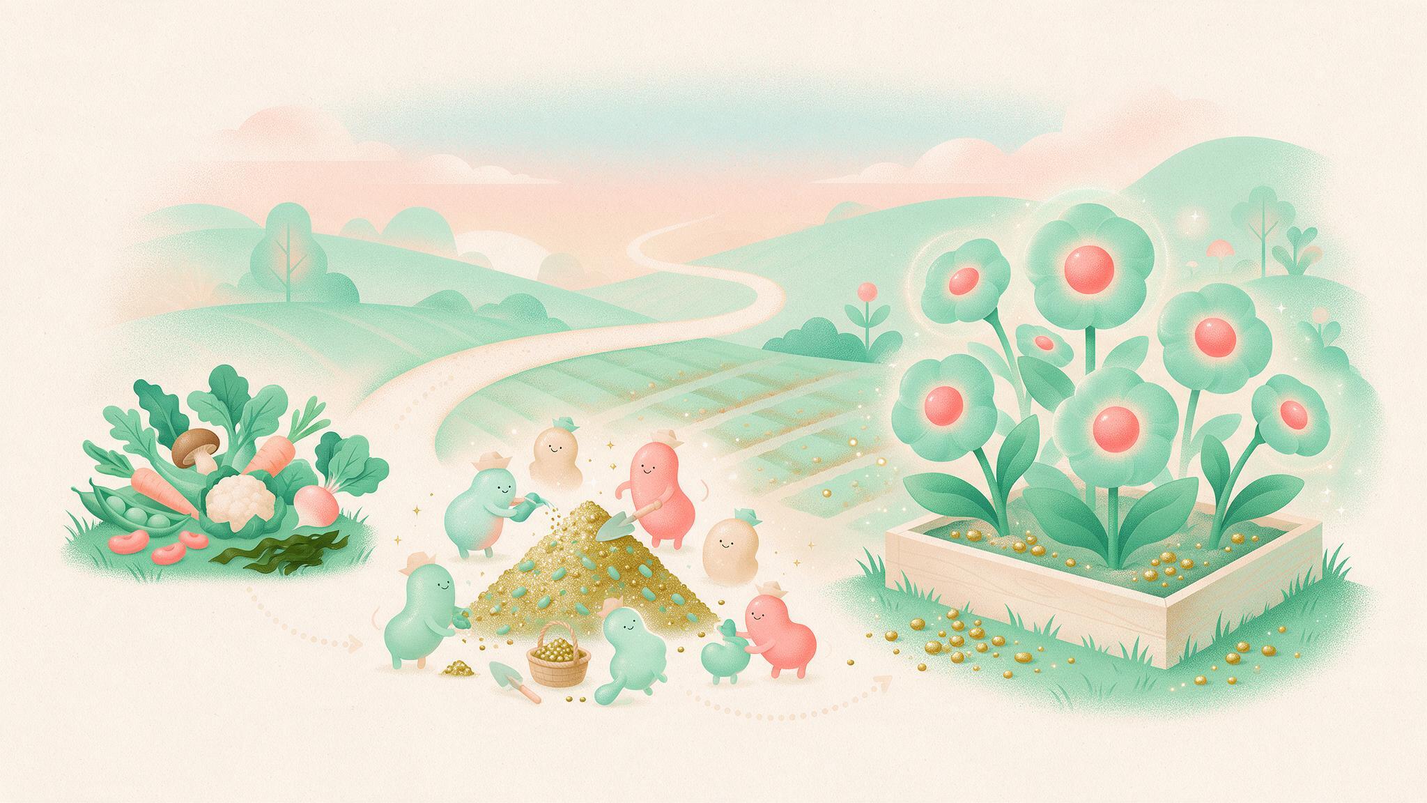 野菜の山を腸内細菌が肥料に変え、その肥料でブレーキ役の花が育つ畑のイラスト