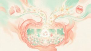 腸の中の教室で腸内細菌が免疫細胞に教え、卒業した免疫細胞が肺や口へ向かうイラスト