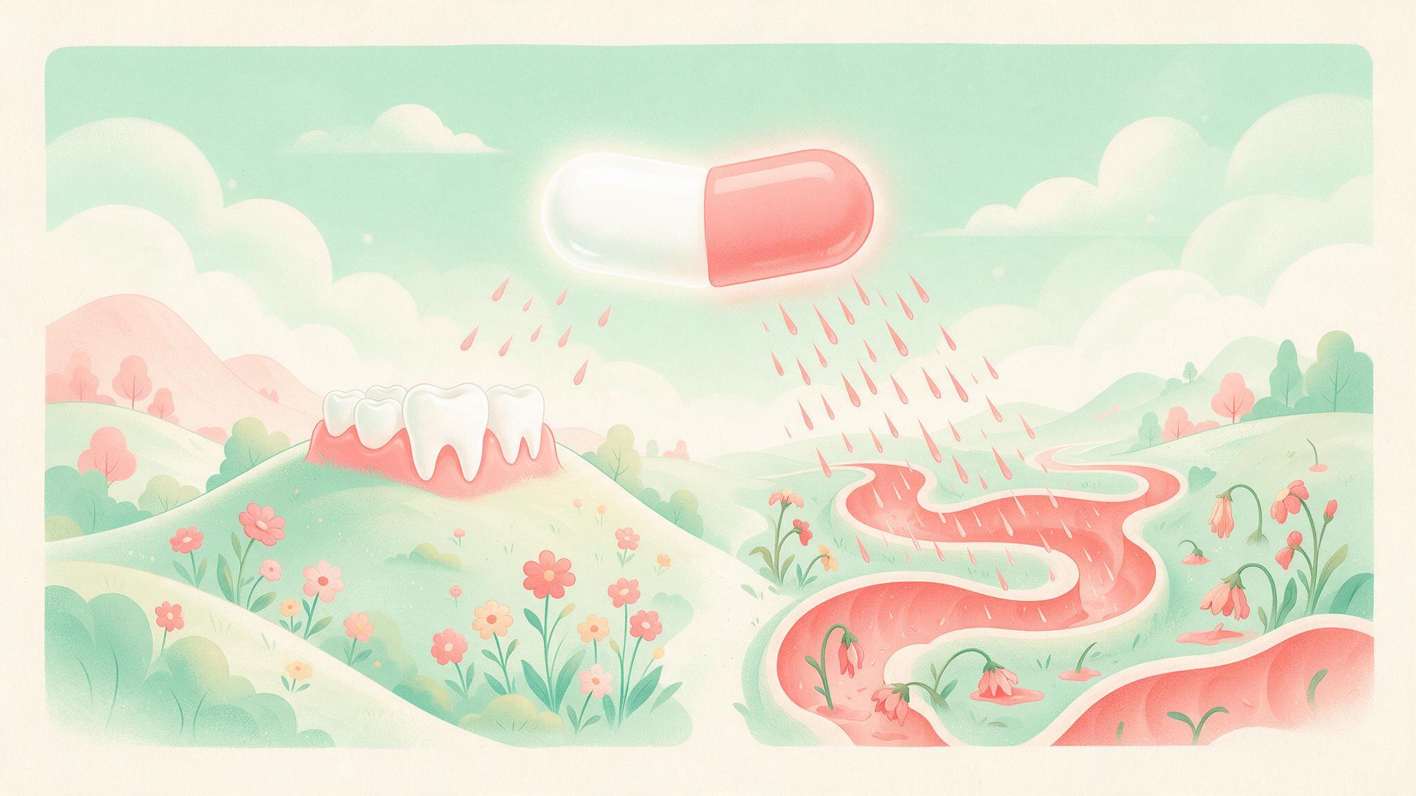 抗生剤のカプセルから、歯の丘には小雨、腸の谷には大雨が降っているイラスト
