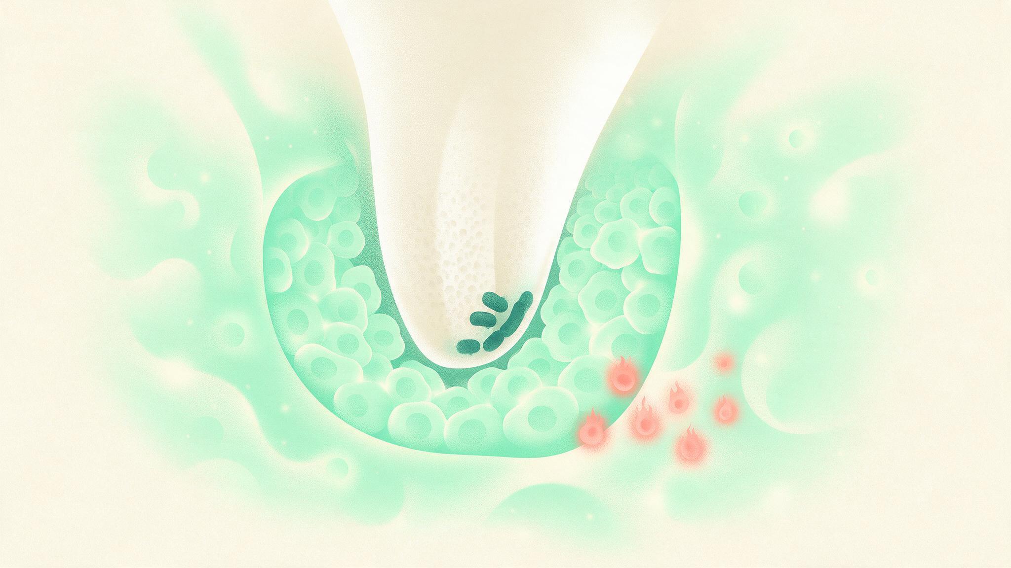 根の先の細菌をブレーキ役の免疫細胞が壁のように囲んで封じ込めているイラスト
