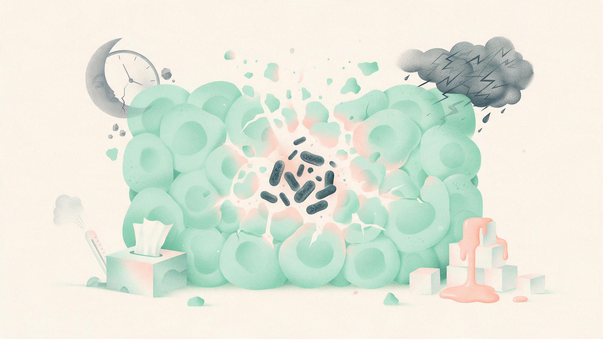 睡眠不足、ストレス、風邪、糖尿病の4つが免疫の壁を崩しているイラスト